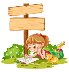 Young Girl Sketches Beside A Wooden Sign And Cat