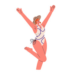 Happy Free Girl In Swimsuit Jumping With Hands Up