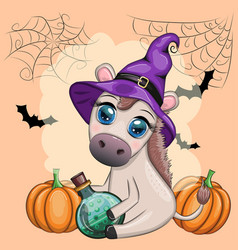 Cute Donkey In Purple Witch Hat With Broom