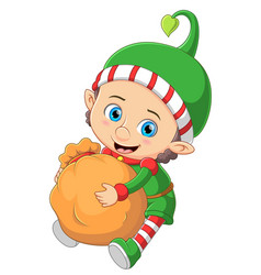 Cartoon Christmas Elf Hugging A Sack Of Gifts