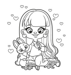 Cute Cartoon Long Haired Girl Feeding The Rabbit