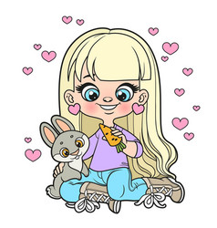 Cute Cartoon Long Haired Girl Feeding The Rabbit