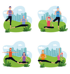 Set Of Couple Doing Yoga