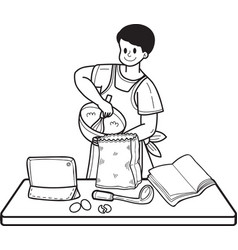 Hand Drawn Man Learning To Cook From The Internet