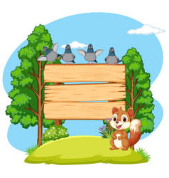 Cartoon Birds And Squirrel By A Wooden Sign