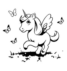 Cute Cartoon Unicorn On The Meadow