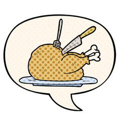 Cartoon Cooked Turkey Being Carved And Speech