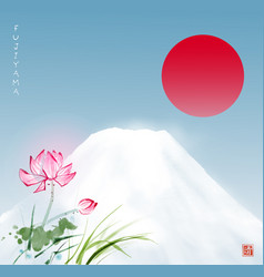 Fujiyama Mountain In Snow Blue Sky Lotus Flower