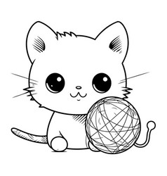 Cute Cat With Ball Of Yarn In Black And White