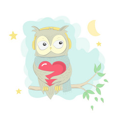 Cute Owl Cartoon Hug Red Heart On Tree