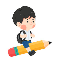 Kid Boy Student Flying On Pencil Back To School