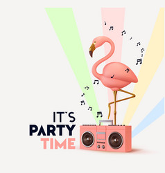 Pink Flamingo With Retro Tape Recorder Its Party