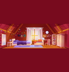 Attic Girl Bedroom Interior With Desk Cartoon