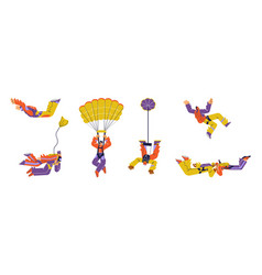 Set Of People Jumping With Parachute Flat Style