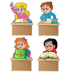 Two children at school desk Royalty Free Vector Image