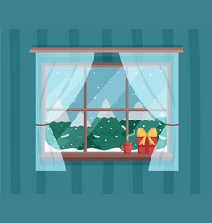 Winter Window View With Snowy Christmas Trees