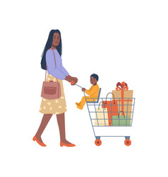 Mother And Child In Shopping Cart Cartoon Buyers