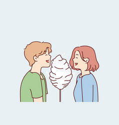 Boy And Girl With Cotton Candy Smiling Eat Street