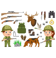 Cute Children Cartoon With Hunters Equipment