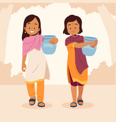 Flat Design Indian Women Carrying Vases