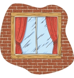 Wooden Window With Red Curtain On A Brick Wall