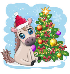 Cute Horse Pony In Santas Hat With Candy Kane