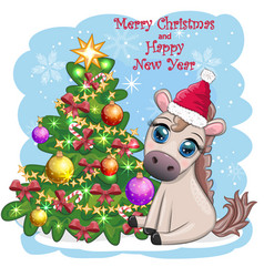 Cute Horse Pony In Santas Hat With Candy Kane