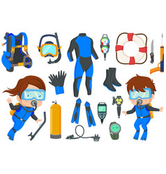 Cute Kids Cartoon With Scuba Diving Equipment