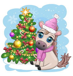 Cute Horse Pony In Santas Hat With Candy Kane