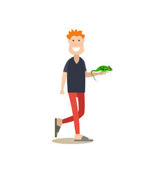 Pet Owner With His Green Lizard Iguana Flat