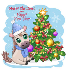 Cute Horse Pony In Santas Hat With Candy Kane