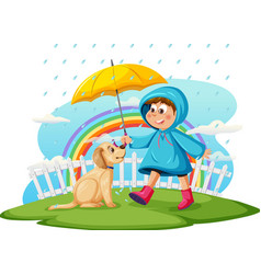 Rainy Day With A Boy In Raincoat And A Dog