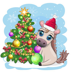 Cute Horse Pony In Santas Hat With Candy Kane