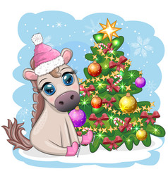 Cute Horse Pony In Santas Hat With Candy Kane