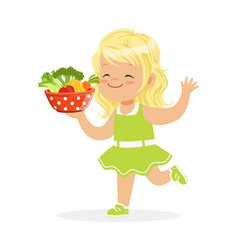 Sweet Blonde Little Girl Running With Bowl Full