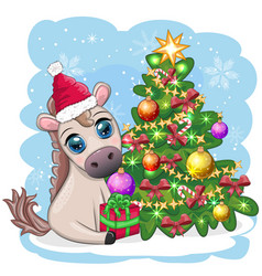 Cute Horse Pony In Santas Hat With Candy Kane