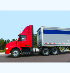 American Style Truck On Freeway Pulling Load