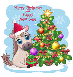 Cute Horse Pony In Santas Hat With Candy Kane