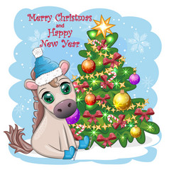 Cute Horse Pony In Santas Hat With Candy Kane