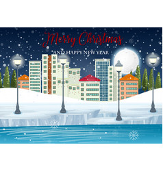 Merry Christmas Poster With Snowy City At Night