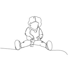 Little Child Playing With Blocks One Line Art