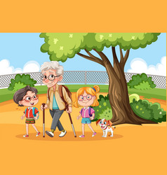 Granny With Children Enjoy Walking At Park