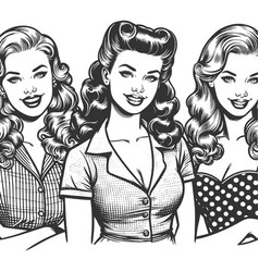 Retro Women In Vintage Fashion Engraving