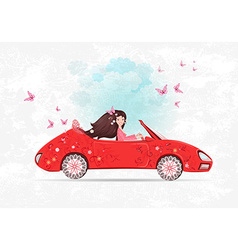 Beautiful Girl Is Driving Car The Art Floral Red