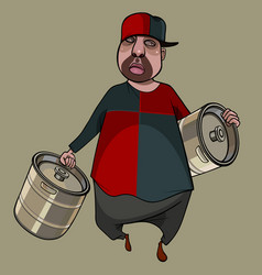 Cartoon Man Fat Man Dragging Two Big Metal Kegs