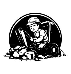 Worker With Digger And Stone In Cartoon Style