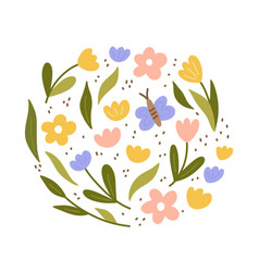 Cute Color Doodle Flowers Leaves And Butterfly