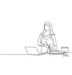 Single One Line Drawing Arabian Woman Cooking