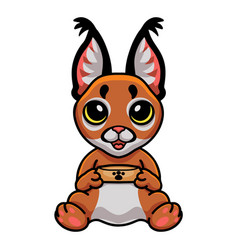 Cute Caracal Cat Cartoon Holding Food Bowl