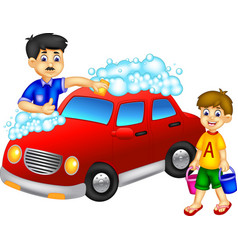 Funny Men And Boy Washing Red Car Cartoon